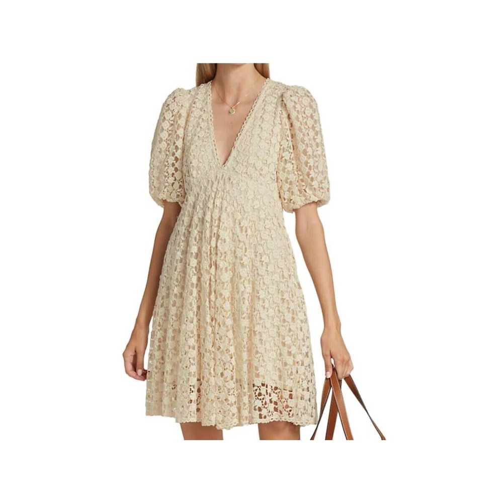 byTiMo Dress Women’s Sz S Ivory Lace Crochet Puff Sleeve V-Neck Babydoll NWOT